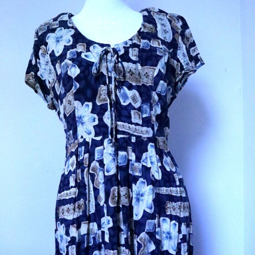 Joni Blair Vintage Hawaiian Blue Floral Short Sleeve Summer Dress Size 9/10